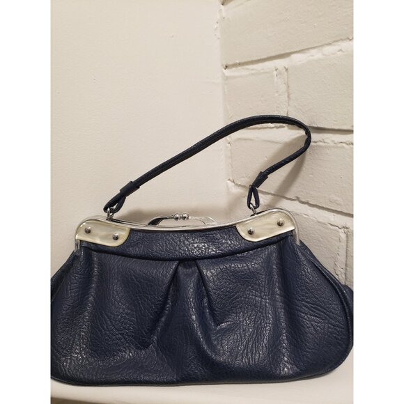 Navy Blue Top Handle Purse Pleated Vintage Purse - Picture 6 of 10